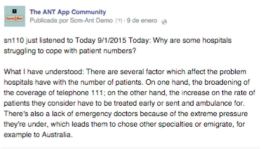 Example ANT post to Facebook page