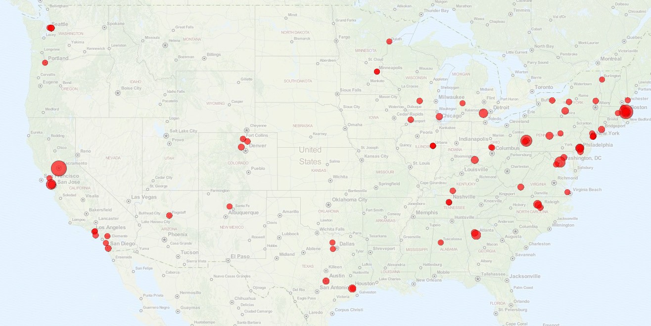Map with US institutions (largest number of institutions)