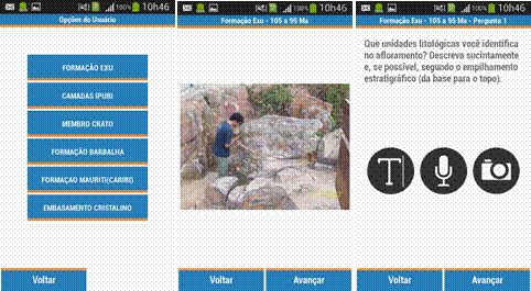 Telas do aplicativo testado em campo