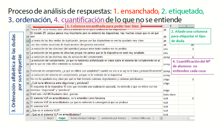 Se ilustran los pasos a dar para la codificación y
        categorización de respuestas de los alumnos en Microsoft Excel