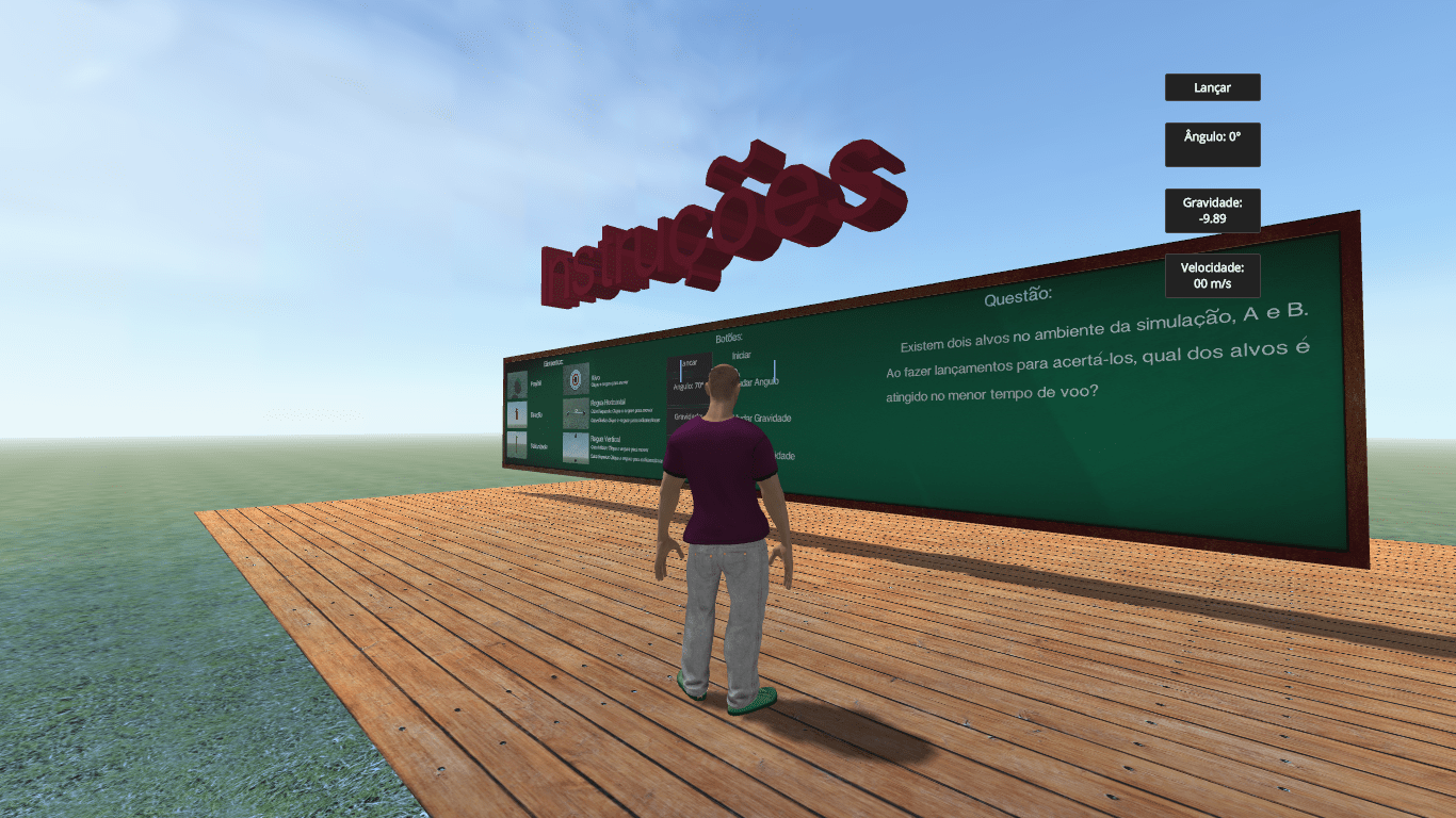 Quadro com instruções e o problema proposto aos alunos sobre lançamento oblíquo