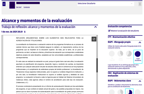 Visualización parcial de la herramienta para la autoevaluación competencial: a izquierda se muestran las evidencias de aprendizaje, y a derecha la autoevaluación del estudiantado (recuadro en azul claro) y la evaluación del profesorado (círculo en azul marino)