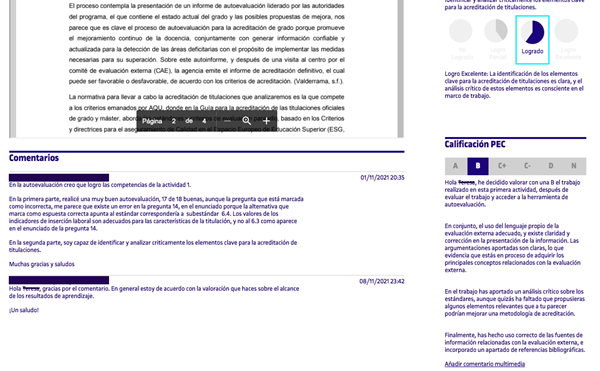 Visualización parcial de la herramienta: a izquierda se muestra el diálogo entre estudiantado y profesorado y a derecha (y una vez finalizado dicho diálogo) la calificación y feedback final